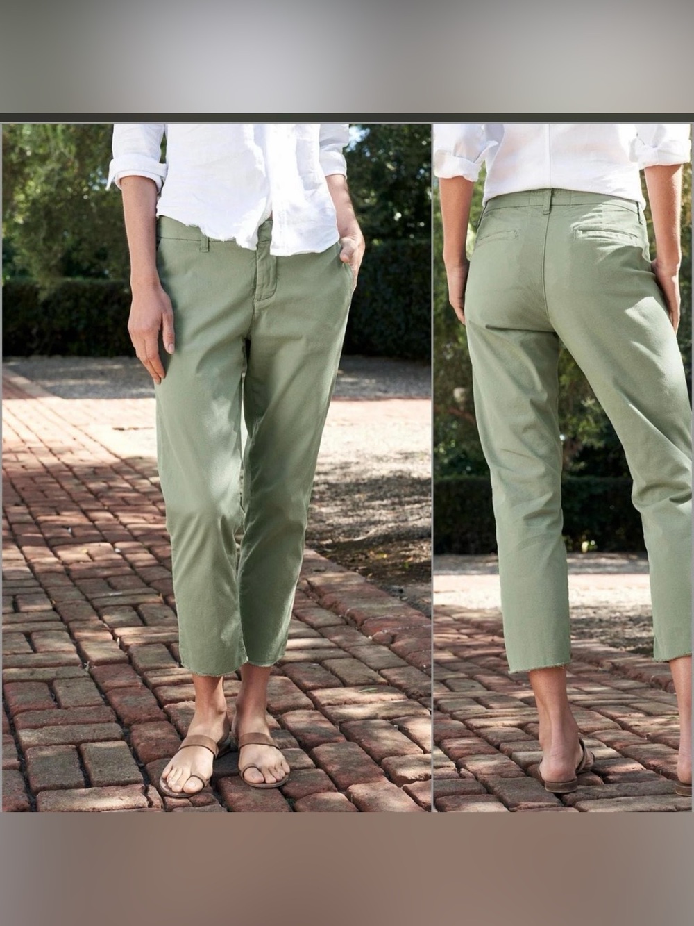 Frank & Eileen Wicklow Italian Chino Pants Olive Green Raw Hem Crop Size 12